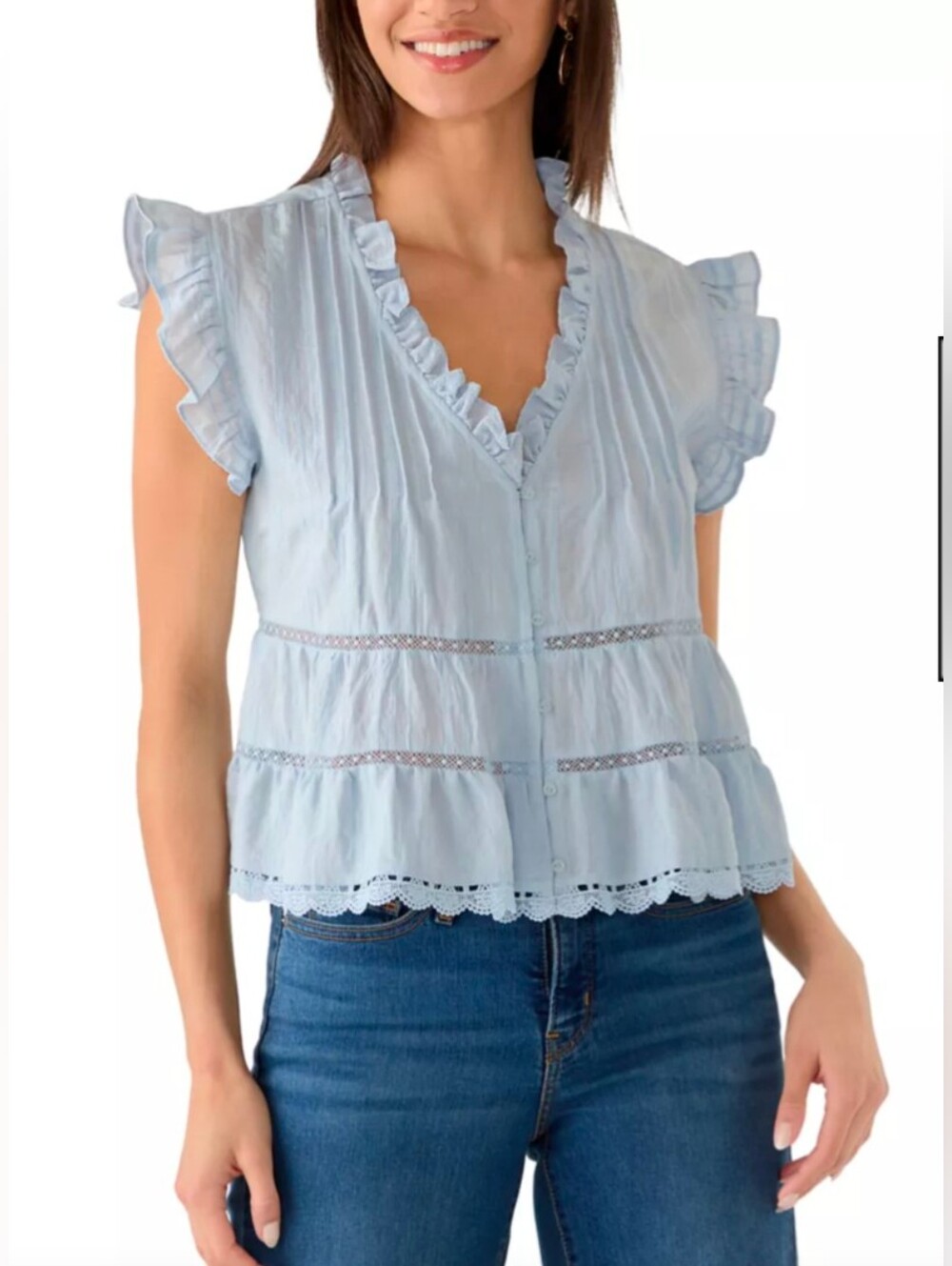 Various Sizes-Oak & Trellis Women's V-Neck Flutter Sleeve Ruffle Hem Top-NWT